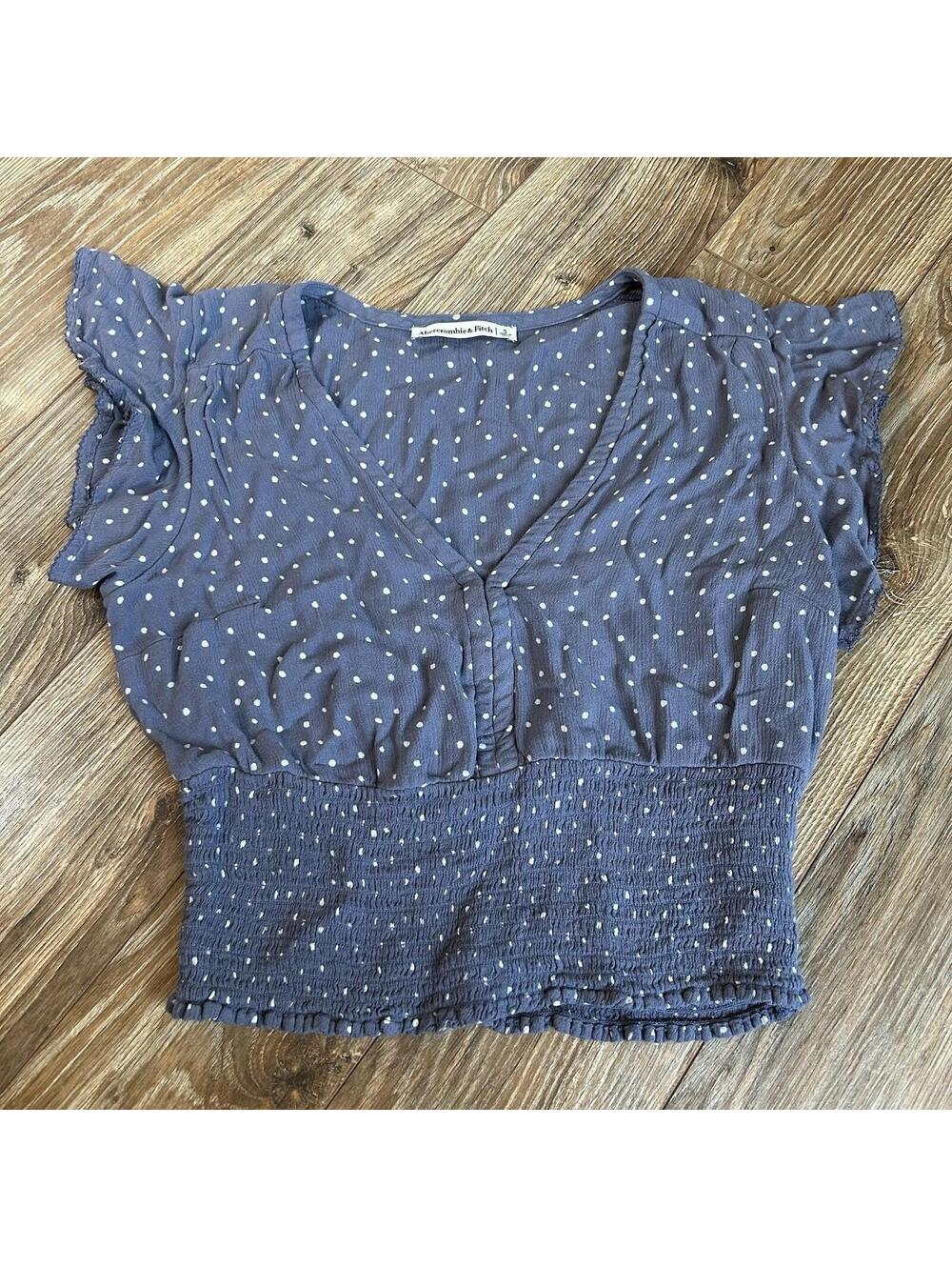 Abercrombie & Fitch W Crop Top Sz S Blue/Gray Polka Dot V-Neck Short Sleeve